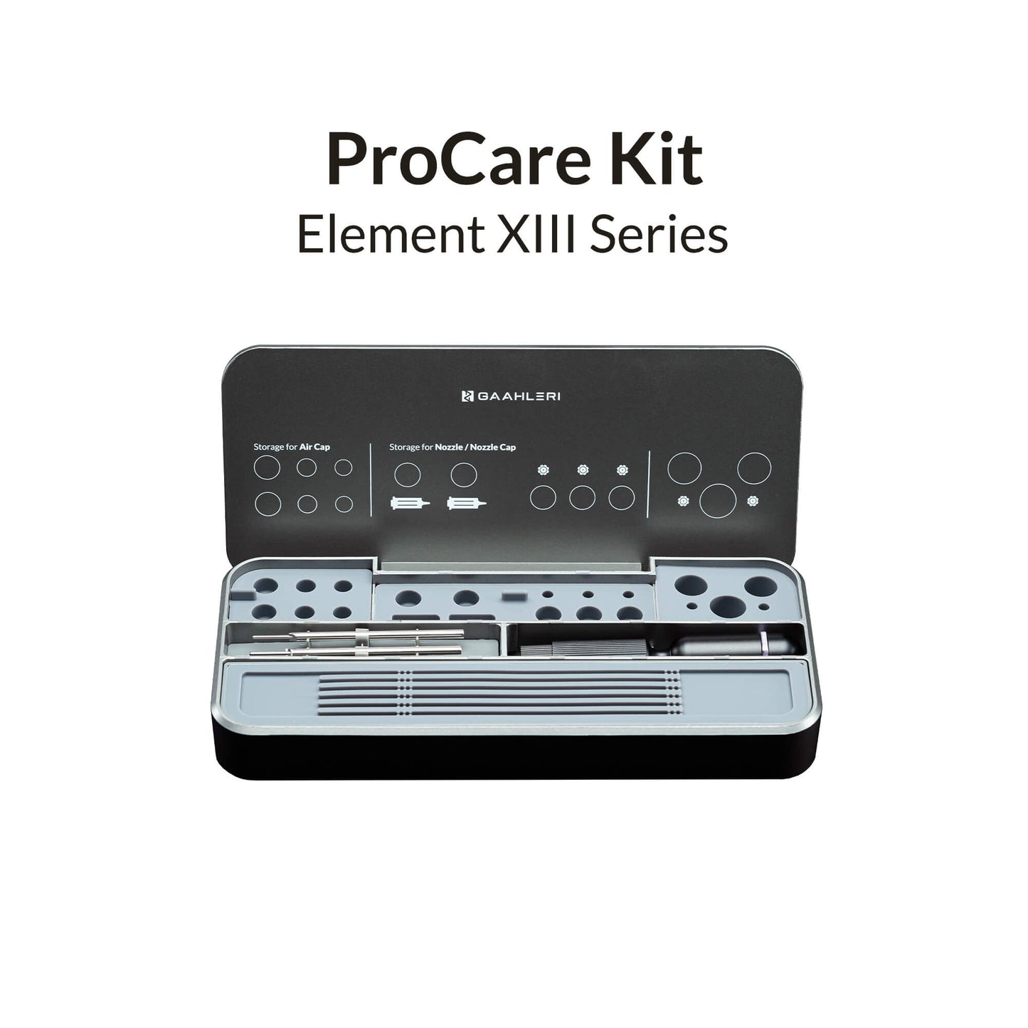 Gaahleri ProCare Kit – sleek CNC-machined metal organizer for airbrush tools, with dual layers, silicone inserts, and accessories for pro storage