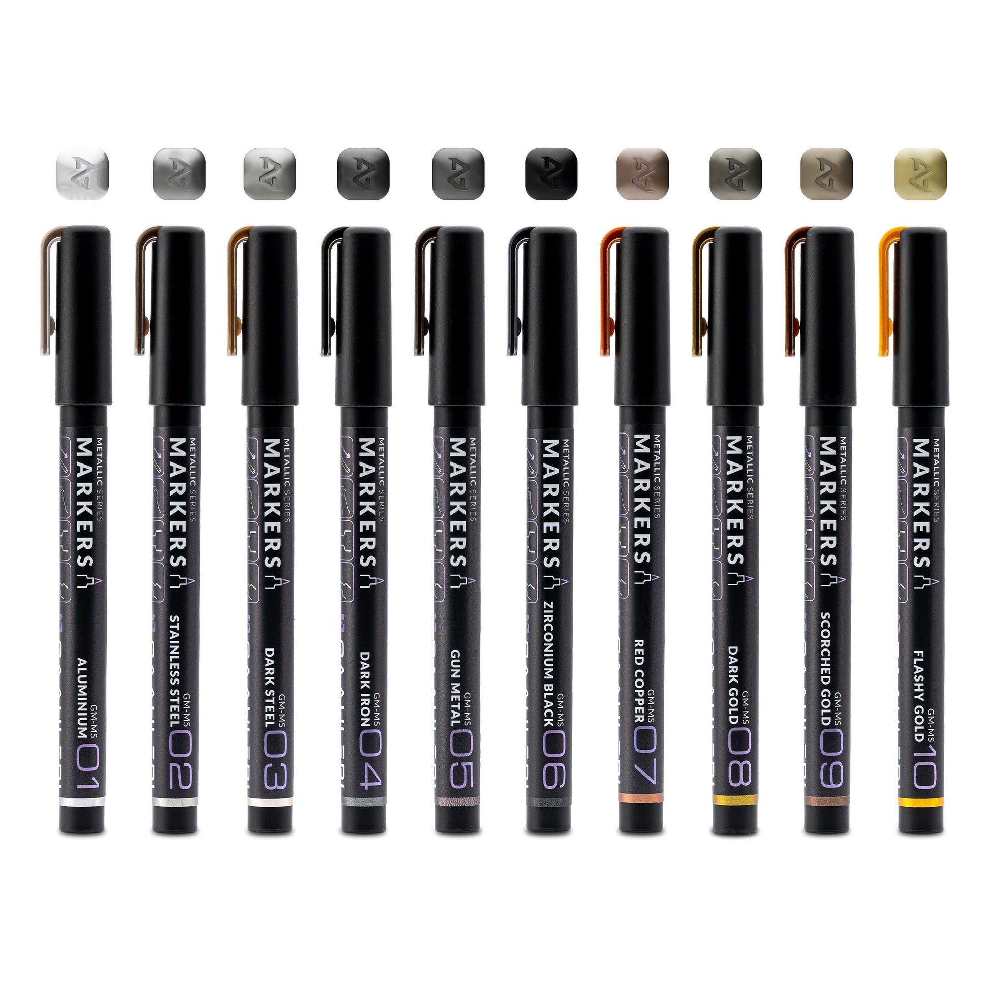 "Gaahleri Metallic Series Marker Set with ten sleek markers arranged in a row, each with metallic color caps."