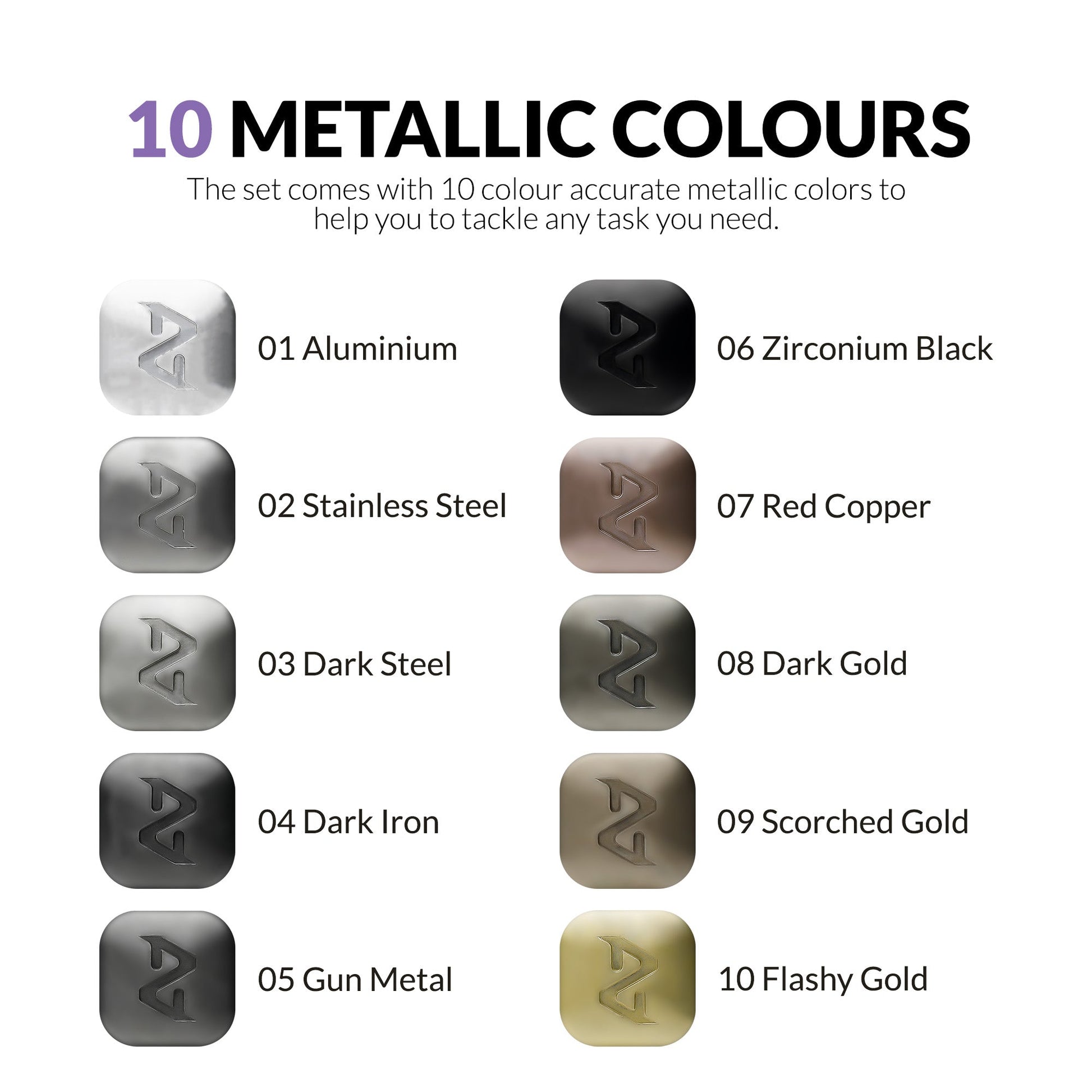 "Close-up of Gaahleri metallic paint markers with color-indicated caps—aluminum, dark gold, gun metal, red copper, and more."