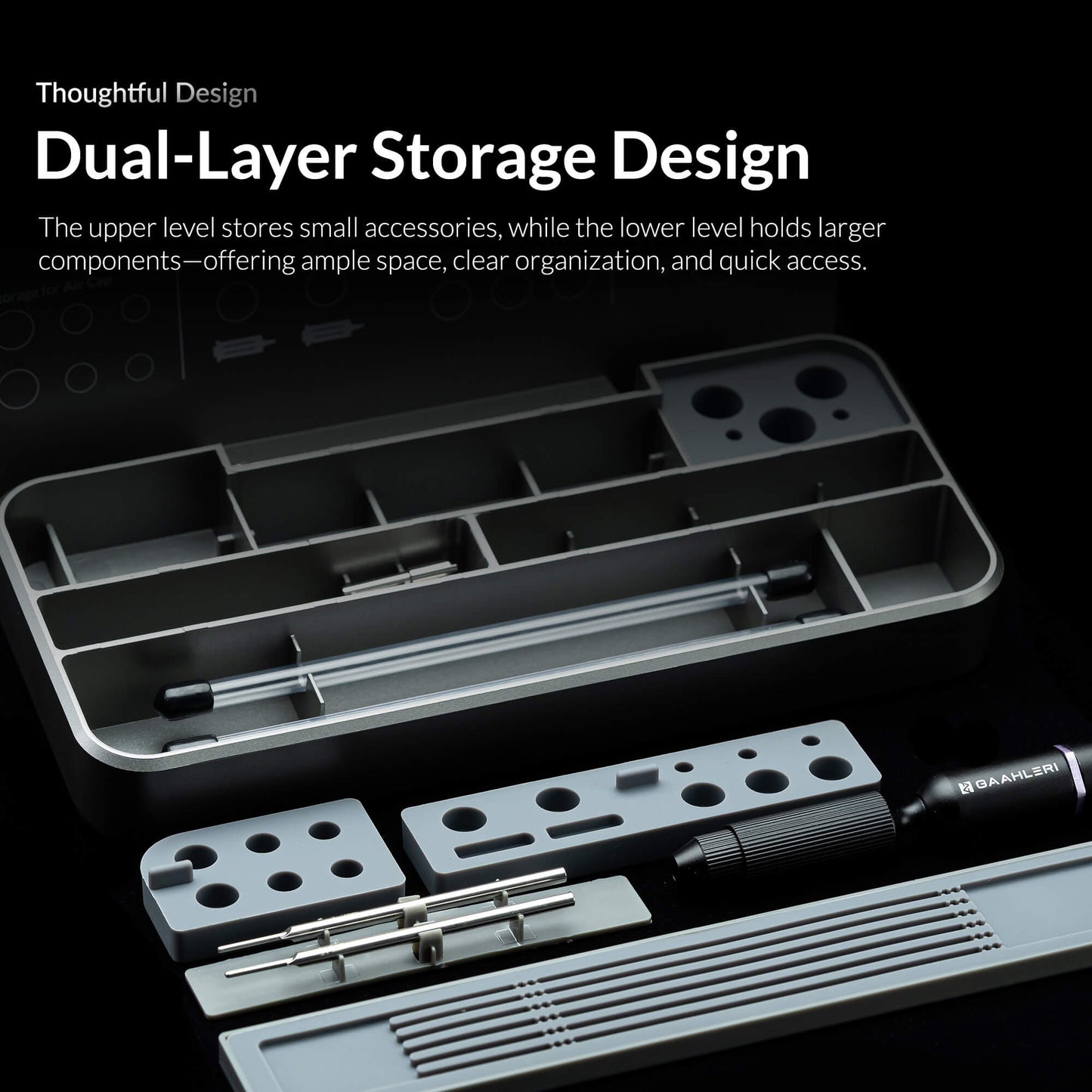 "Gaahleri ProCare Kit – two-tiered airbrush storage case with custom silicone trays, labels, and secure build for easy maintenance & organization