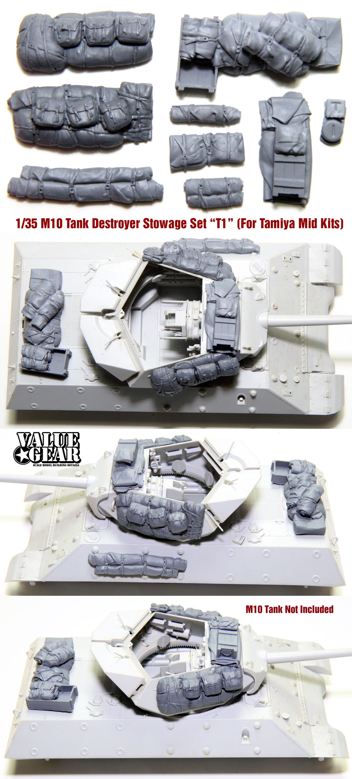 “Value Gear M10TA1 Stowage Set – resin accessories for 1/35 scale Tamiya M10 Mid Production kits.”