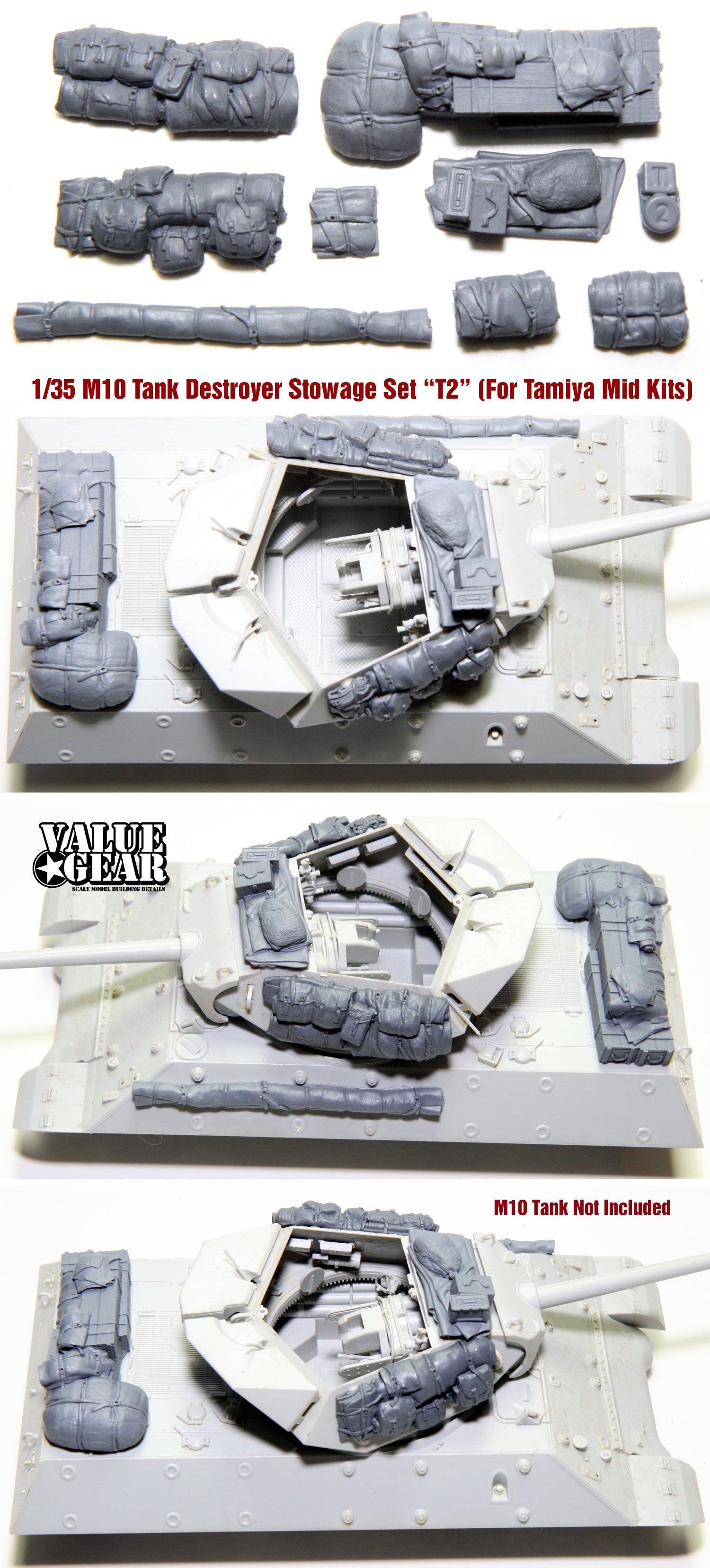 “Value Gear M10TA2 Stowage Set – resin accessories for 1/35 scale Tamiya M10 Mid Production.”