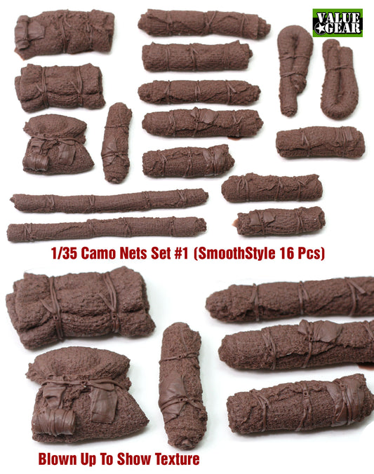 Value Gear VGCN01 Camo Nets Smoother Style resin accessory set – 16 pieces for 1/35 scale military dioramas and vehicles.