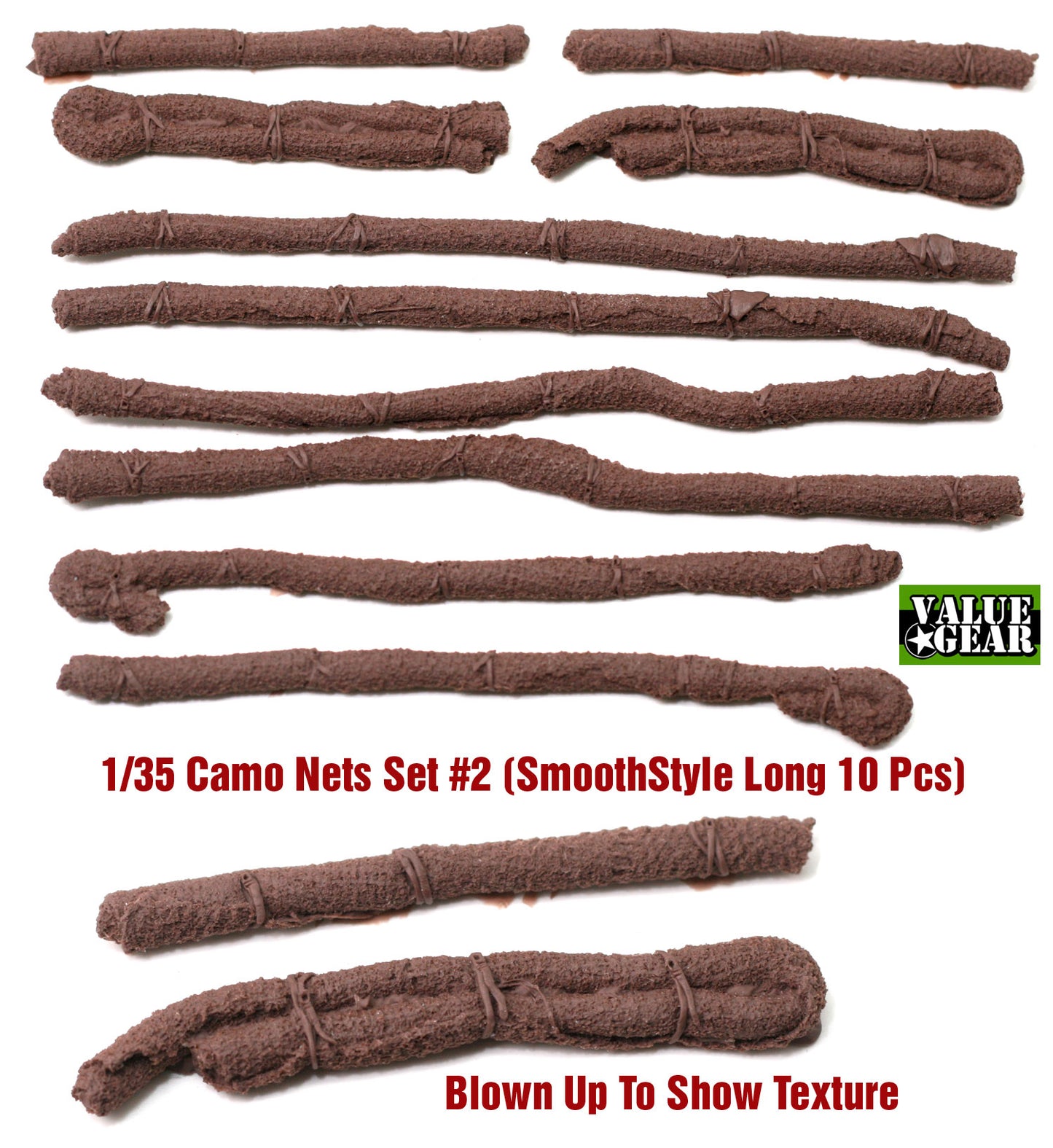 Value Gear VGCN02 Camo Nets Smoother Style Long resin set – 10 pieces for 1/35 scale military dioramas and vehicles.