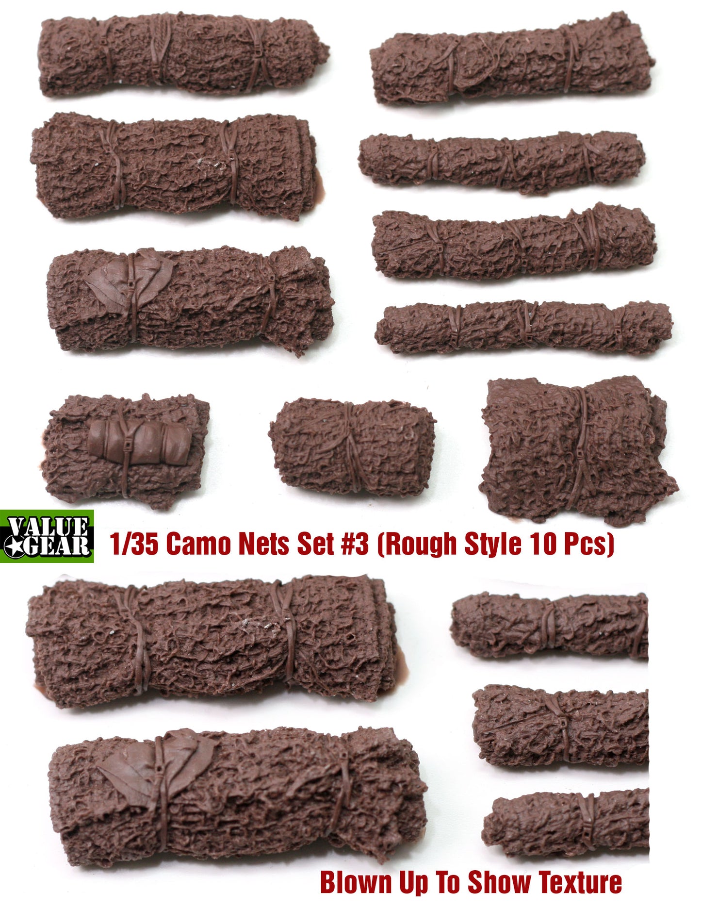 Value Gear VGCN03 Camo Nets Rough Style resin set – 10 pieces for 1/35 scale military vehicles and dioramas.