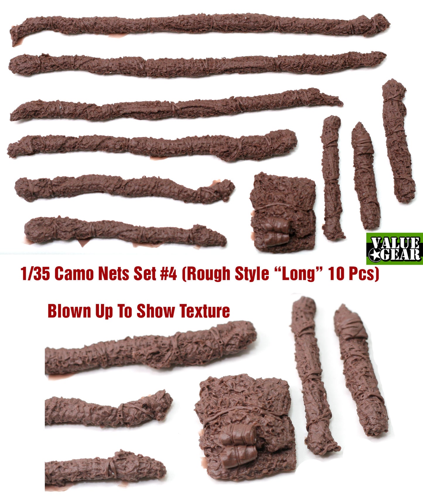 Value Gear VGCN04 Camo Nets Rough Style Long resin set – 10 pieces for 1/35 scale military vehicles and dioramas.