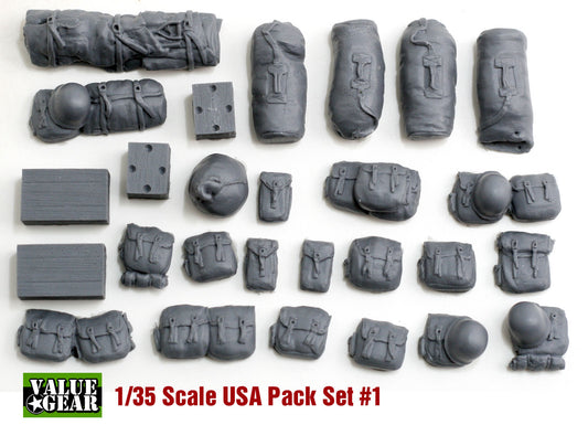 Value Gear US1 U1 USA WWII Packs & Bags resin set – 25 pieces for 1/35 scale WWII American vehicles and dioramas.