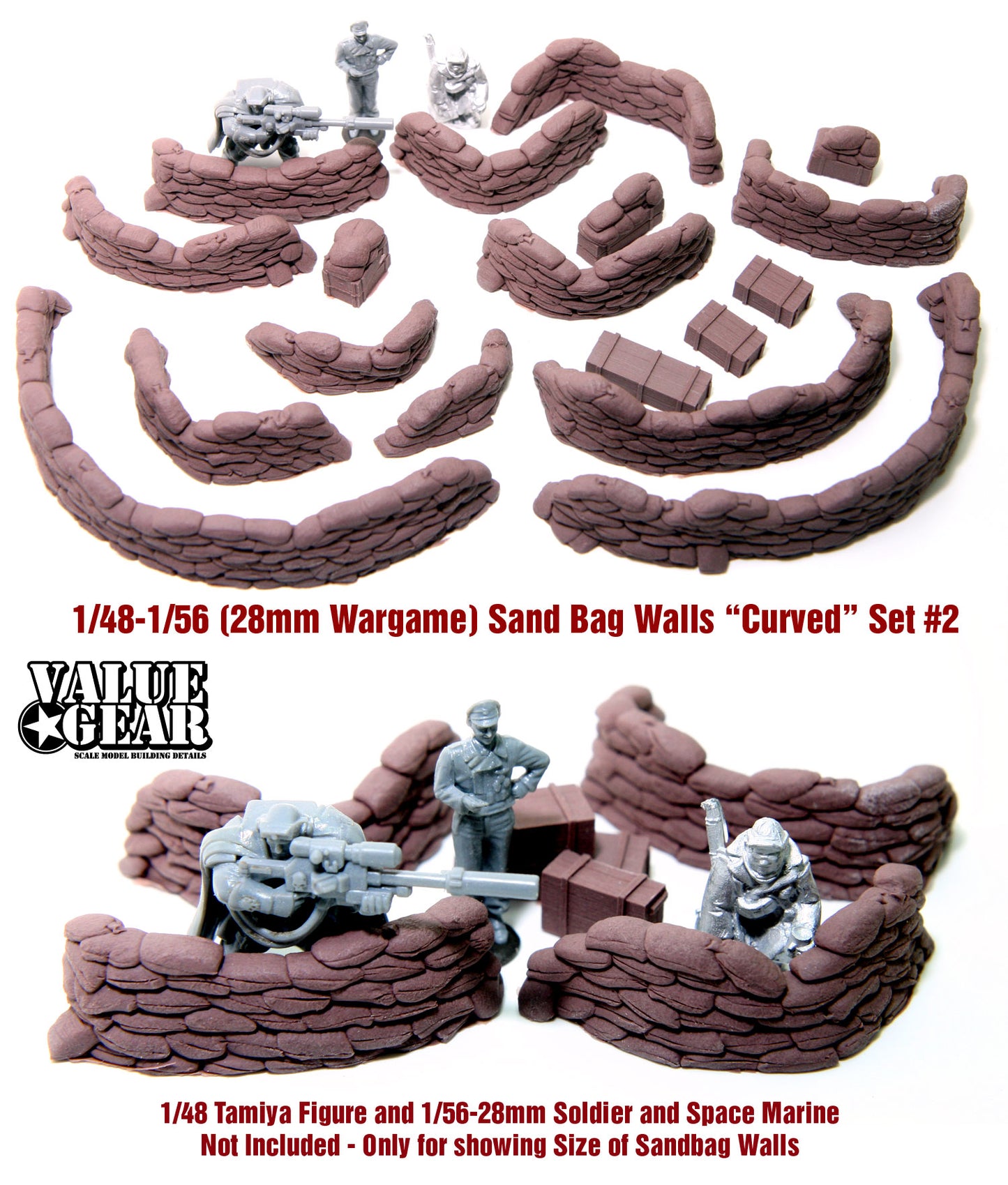 “Value Gear 48SB2 Sandbag Walls Curved Set – resin accessories for 1/48 scale WWII dioramas.”