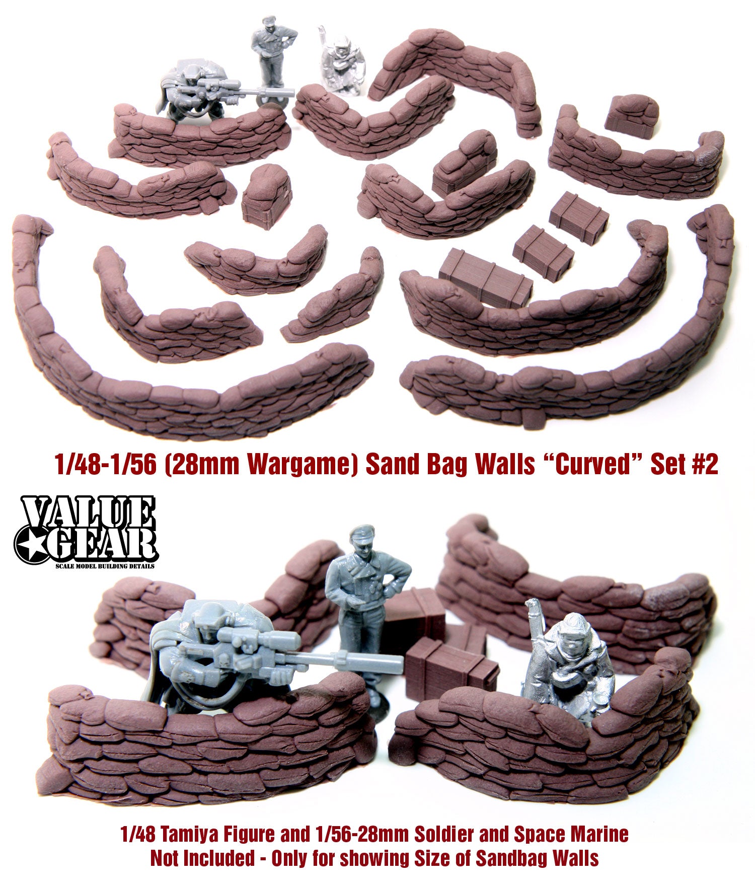 “Value Gear 48SB2 Sandbag Walls Curved Set – resin accessories for 1/48 scale WWII dioramas.”