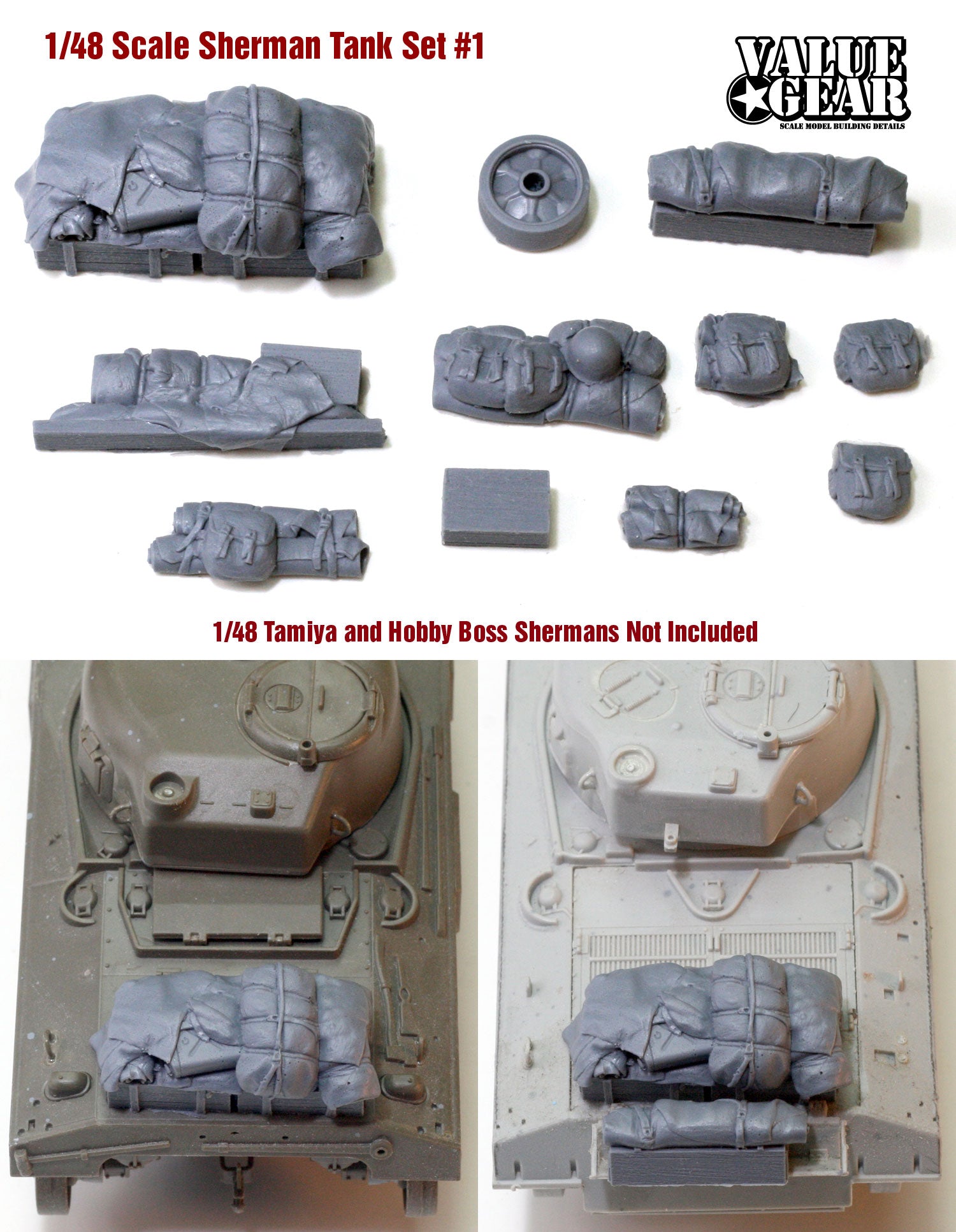 “Value Gear 48SH1 Allied Sherman Tank Set #1 – resin stowage accessories for 1/48 scale Sherman tanks and WWII Allied vehicles.”