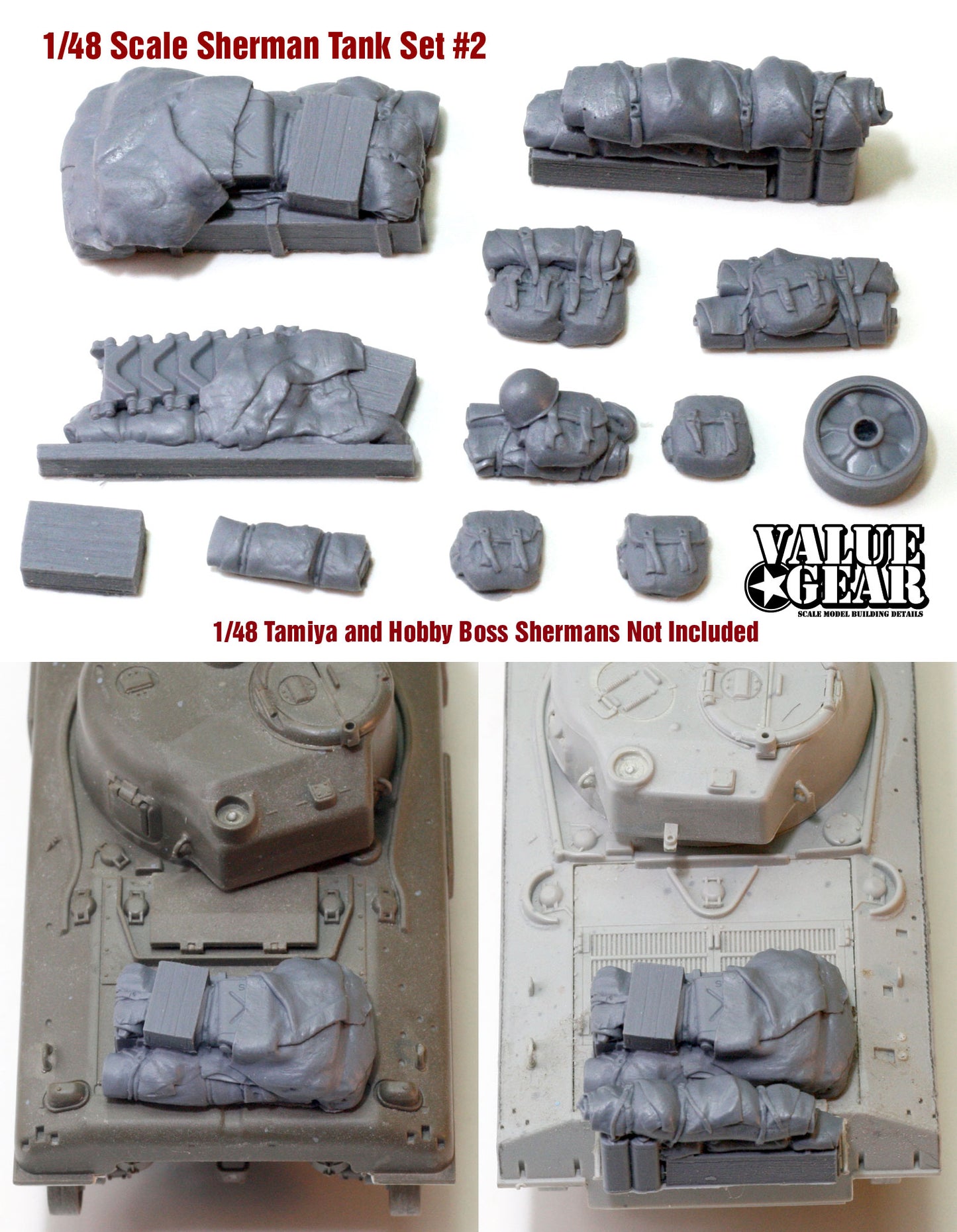 “Value Gear 48SH2 Allied Sherman Tank Set #2 – resin stowage accessories for 1/48 scale Shermans and WWII Allied armor.”