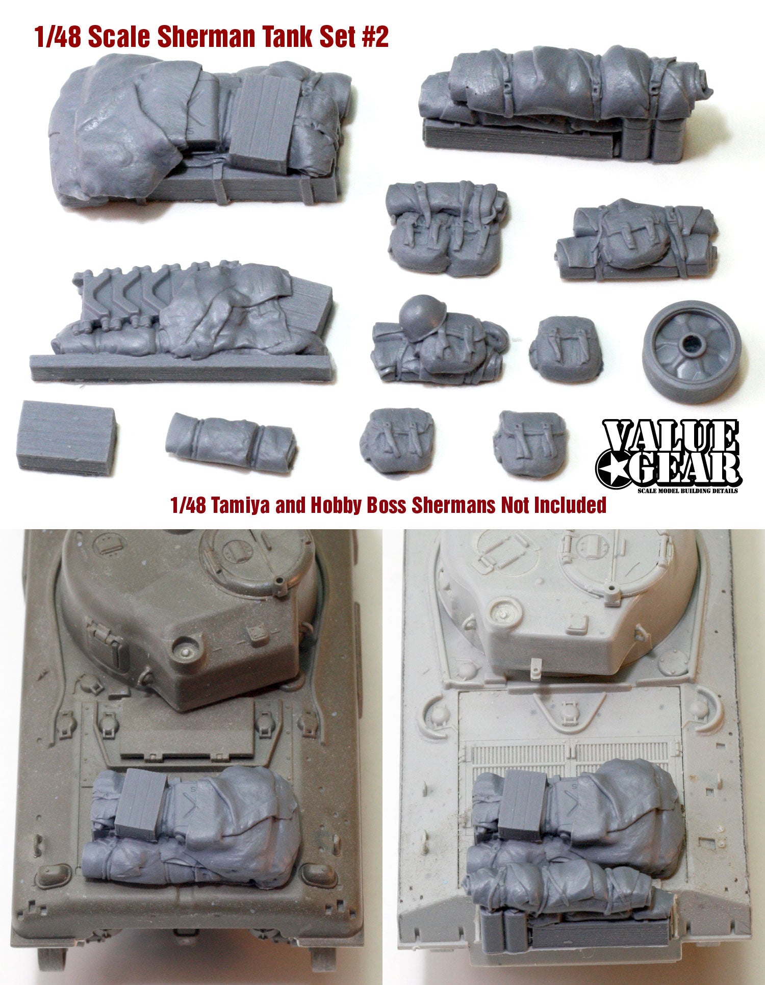 “Value Gear 48SH2 Allied Sherman Tank Set #2 – resin stowage accessories for 1/48 scale Shermans and WWII Allied armor.”