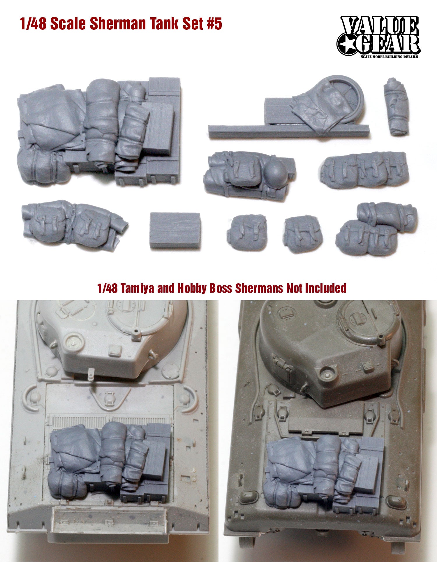 “Value Gear 48SH5 Allied Sherman Tank Set #5 – resin stowage accessories for 1/48 scale WWII Shermans and Allied vehicles.”