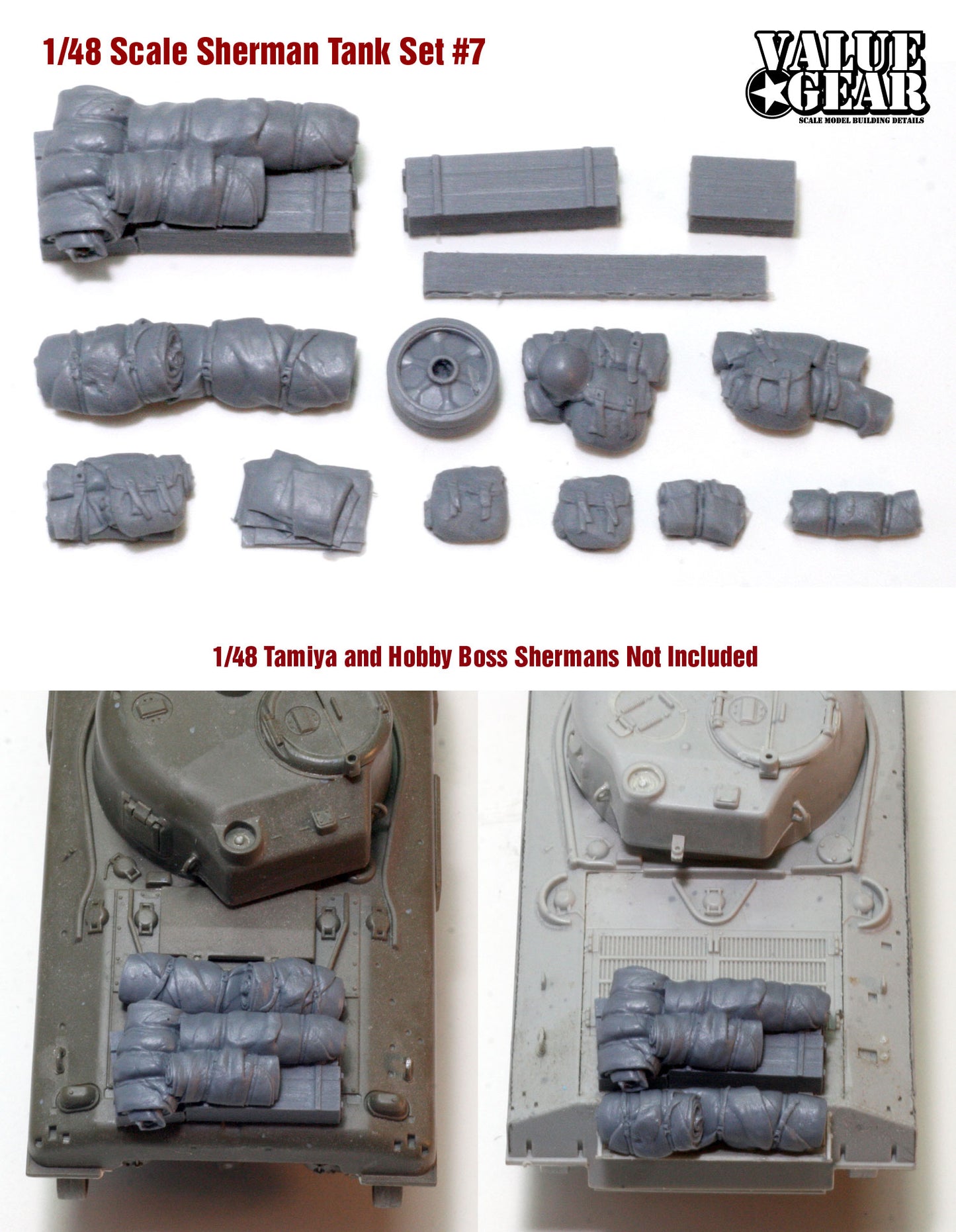 “Value Gear 48SH7 Allied Sherman Tank Set #7 – resin stowage accessories for 1/48 scale WWII Allied vehicles.”