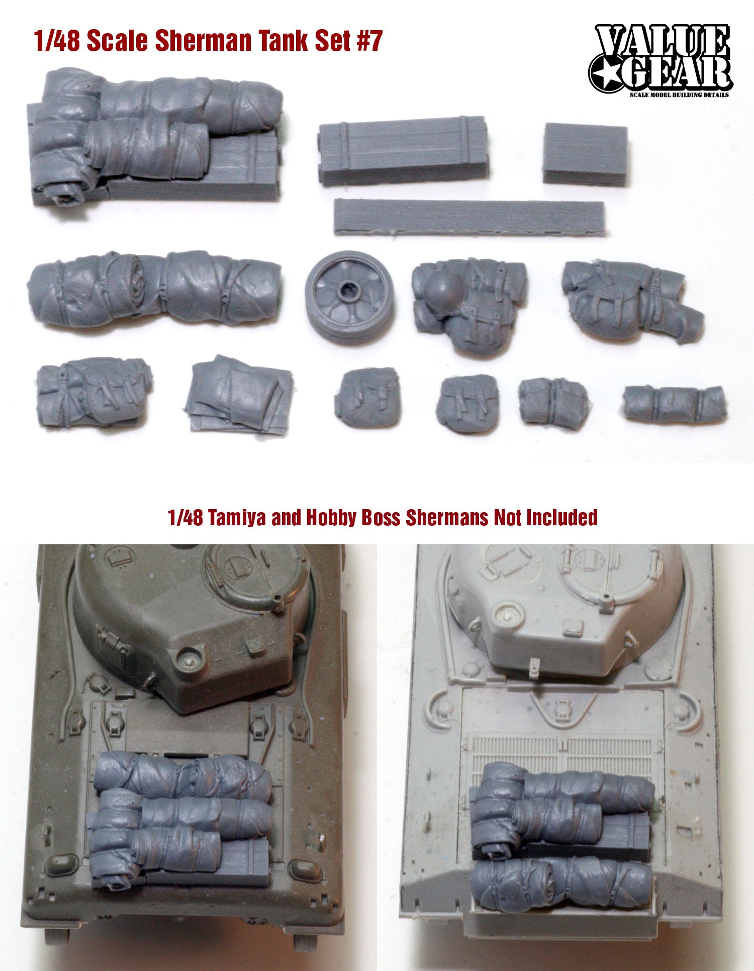 “Value Gear 48SH7 Allied Sherman Tank Set #7 – resin stowage accessories for 1/48 scale WWII Allied vehicles.”