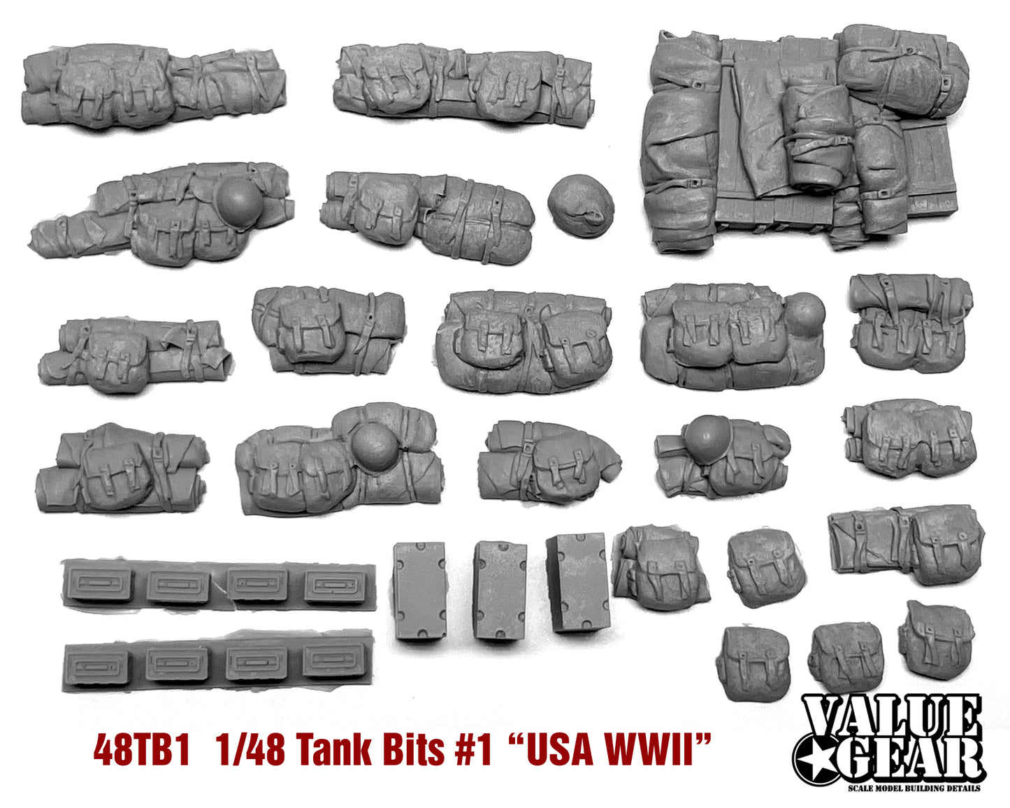 “Value Gear 48TB1 USA WWII Tank Bits – resin stowage accessories for 1/48 scale American WWII tanks and vehicles.”