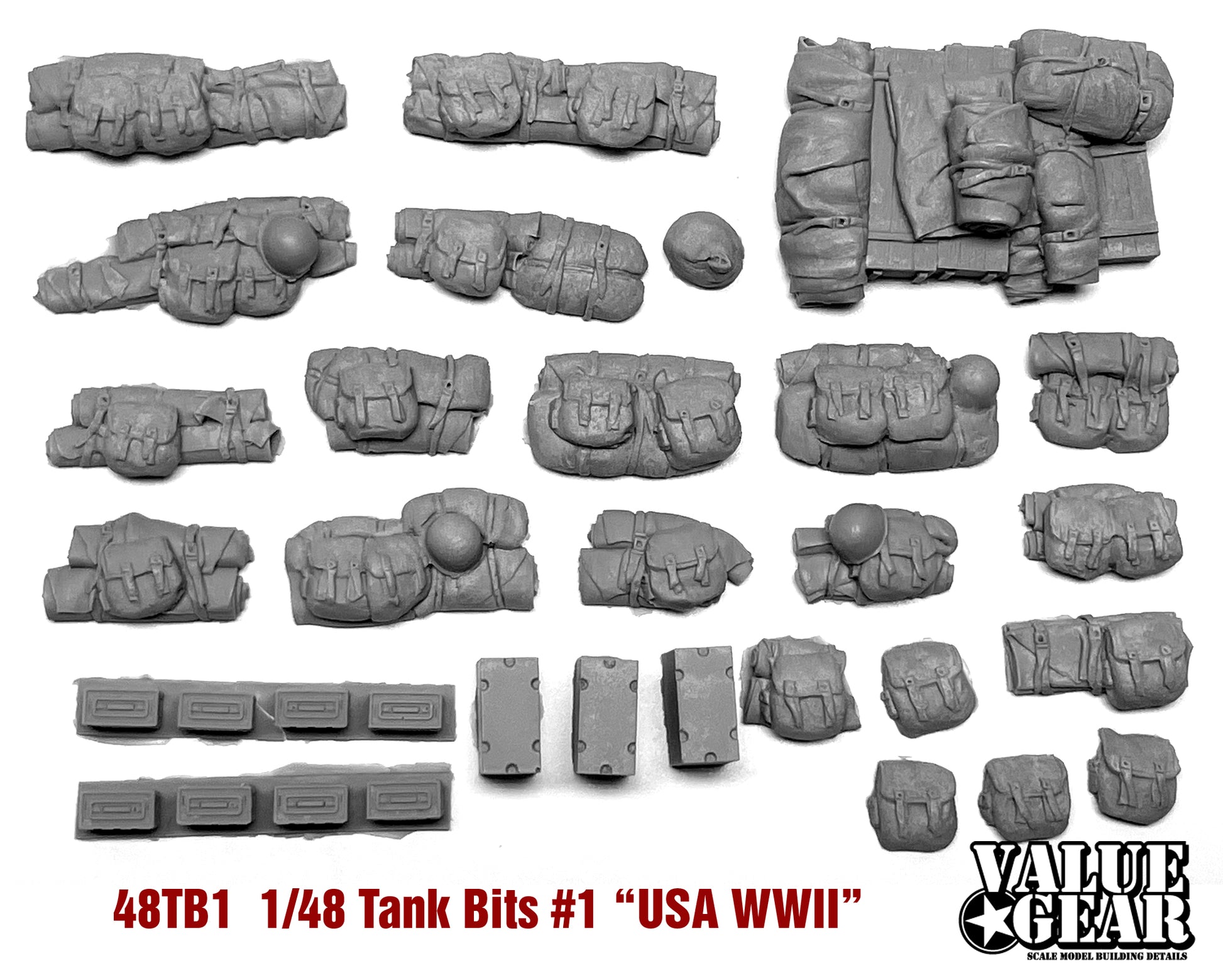 “Value Gear 48TB1 USA WWII Tank Bits – resin stowage accessories for 1/48 scale American WWII tanks and vehicles.”