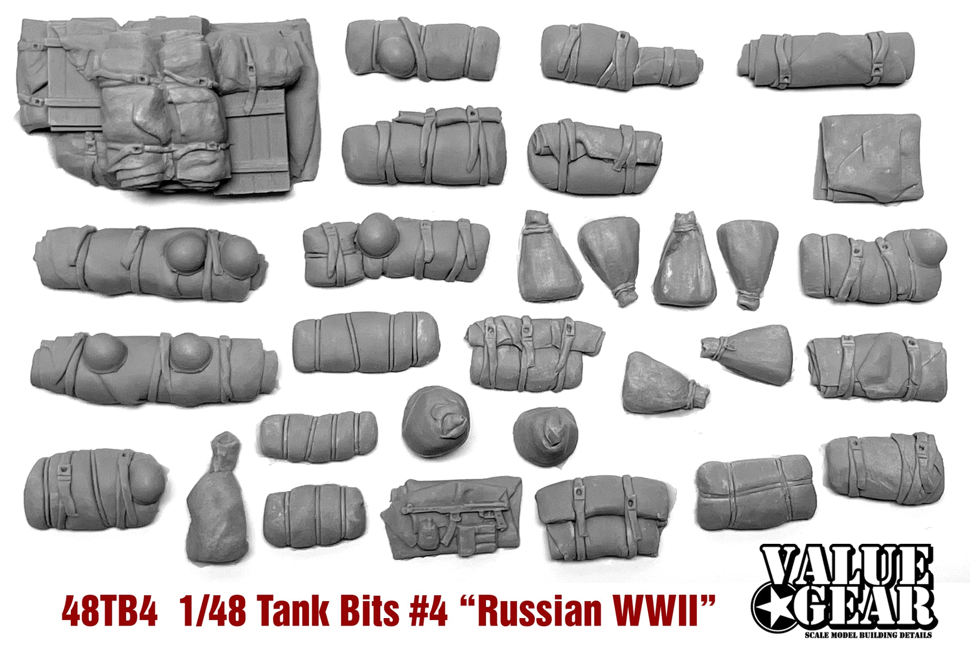 “Value Gear 48TB4 Russian WWII Tank Bits – resin stowage accessories for 1/48 scale Soviet vehicles and dioramas.”