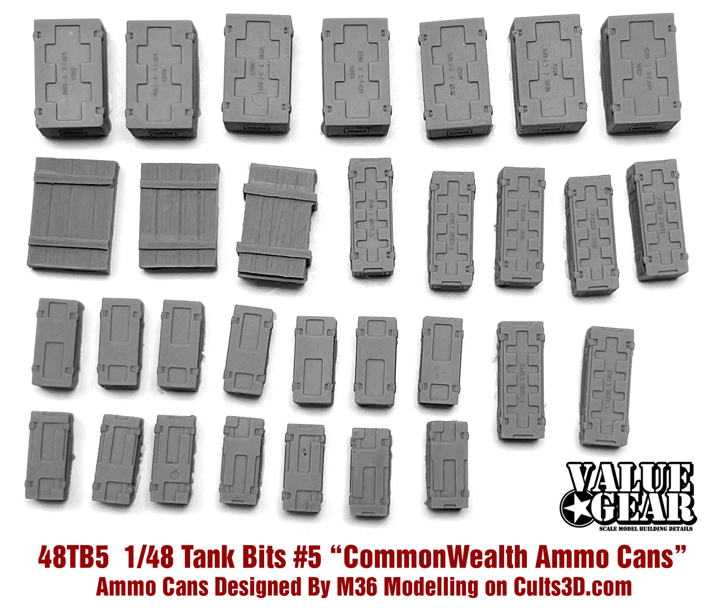 “Value Gear 48TB5 CW (UK) WWII Ammo Cans – resin accessories for 1/48 scale British and Commonwealth vehicles and dioramas.”