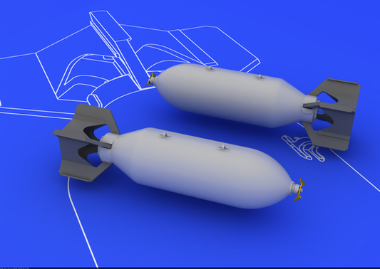 Eduard 1/48 Brassin US 500lb Bombs set with four resin bombs, photo-etched details, and accurate stencils for WWII and Cold War-era aircraft.