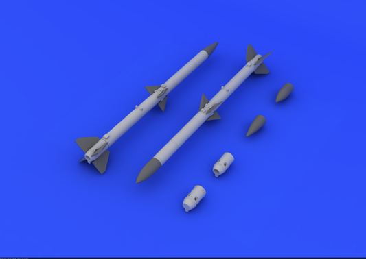 Eduard 1/48 Brassin AIM-120A/B AMRAAM set with four resin missiles, etched fins, and detailed stenciling decals.