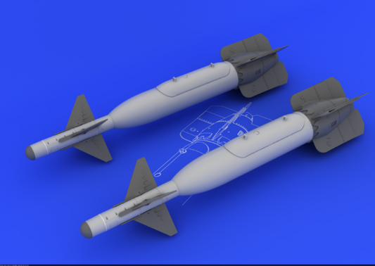 Eduard 1/48 GBU-24 Brassin set with two resin Paveway III bombs, clear seeker heads, photo-etch fins, and detailed decals.