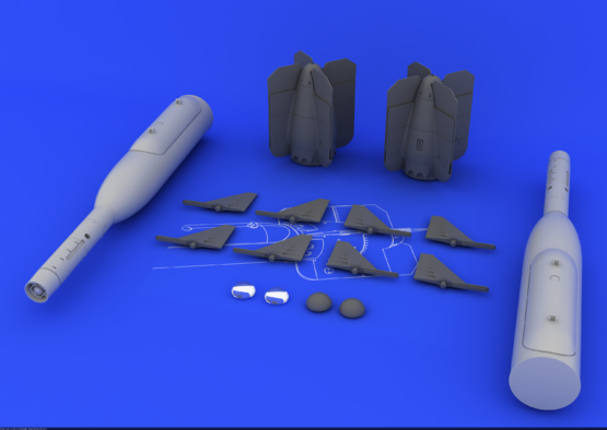 Eduard 1/48 GBU-24 Brassin set with two resin Paveway III bombs, clear seeker heads, photo-etch fins, and detailed decals.