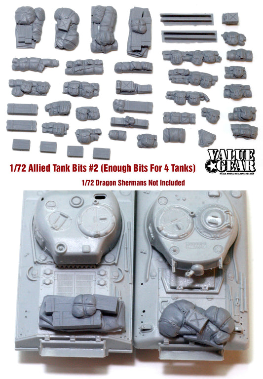 “Value Gear 72SH2 Allied Tank Bits Set #2 – 40 resin accessories for 1/72 scale WWII Allied tanks and dioramas.”