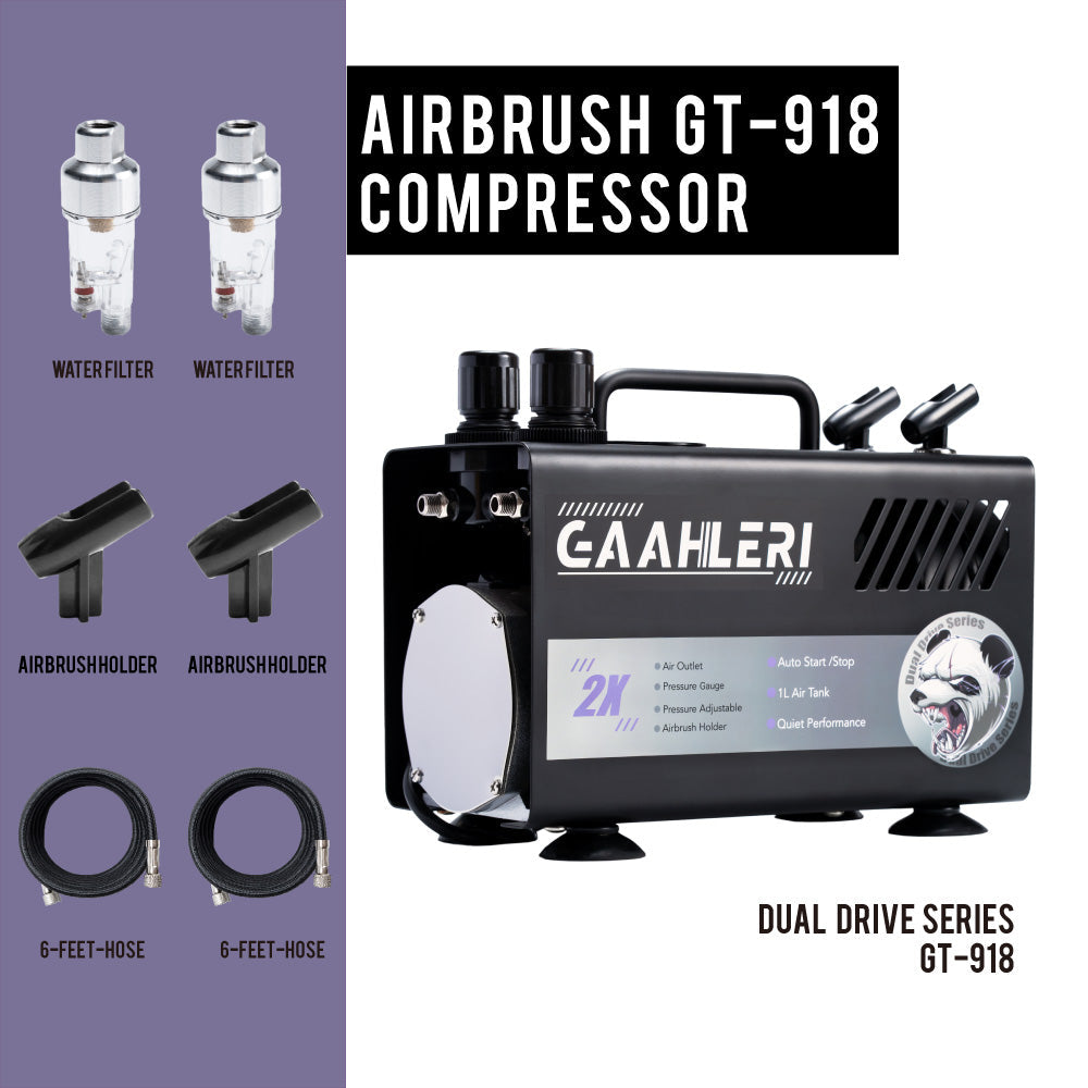 Gaahleri Dual Drive Series Airbrush Compressor GT-918 – Quiet, Dual-Outlet, 1 L Tank