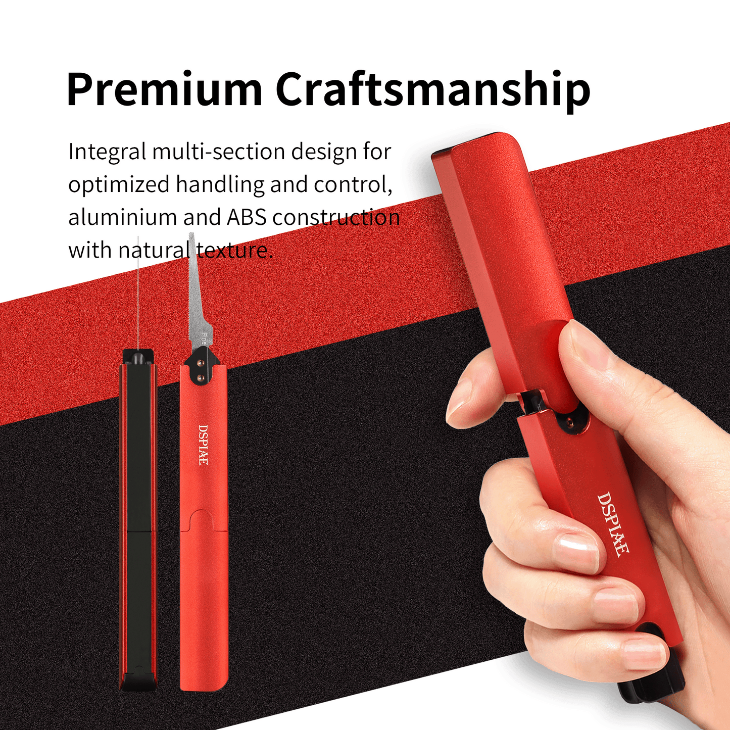 DSPAIE Red-anodized aluminum hand saw closed, side profile