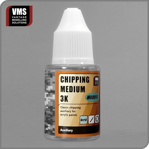 VMS Chipping Medium 3K Bottle: "VMS Chipping Medium 3K – 30ml bottle for creating realistic paint chipping effects on scale models."
