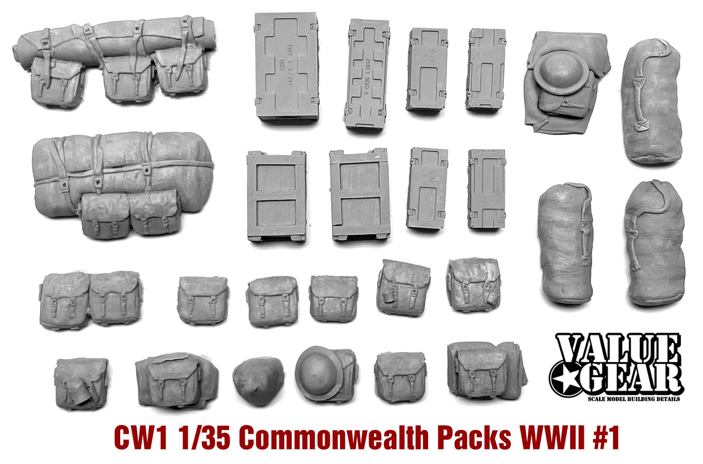 Value Gear CW1 Commonwealth WWII Packs & Bags resin accessory set – for 1/35 scale British and Allied vehicles and dioramas