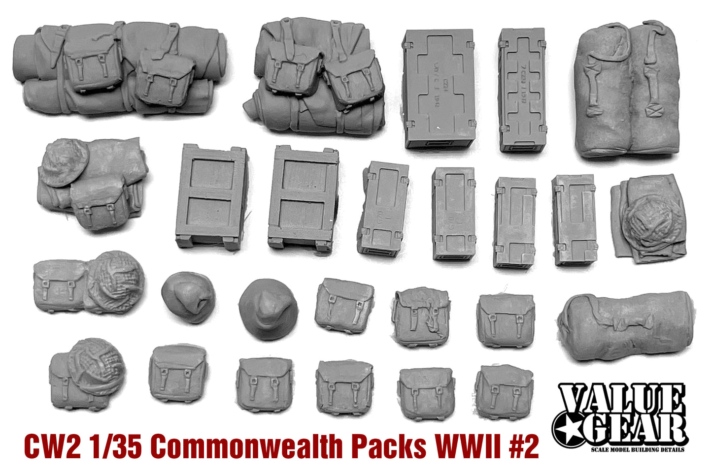 Value Gear CW2 Commonwealth WWII Packs & Bags resin accessory set – for 1/35 scale British and Allied vehicles and dioramas