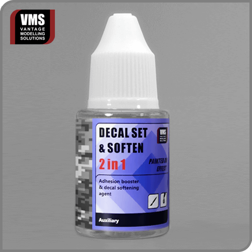 VMS Decal Set & Soften 2-in-1 Solution 30ml bottle – dual-action adhesive and softener for scale model decals