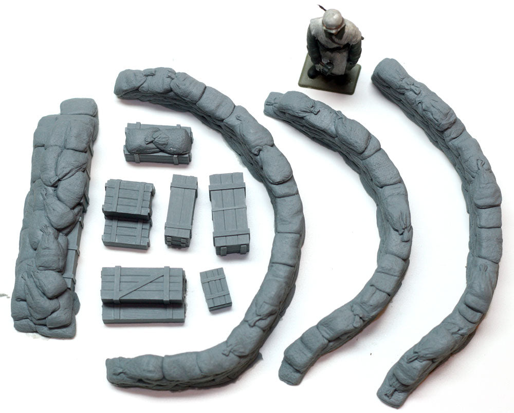 “Value Gear DP004 Curved Sandbags + Crates – resin defensive positions for 1/35 scale WWII dioramas.”