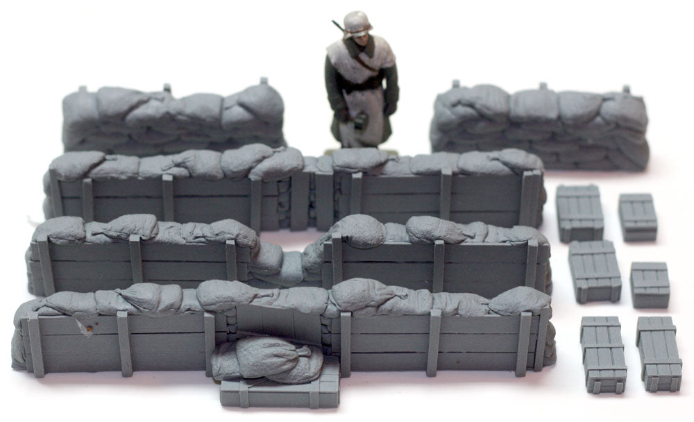 “Value Gear DP005 Sandbags w/Bracing + Crates – resin defensive fortifications for 1/35 dioramas.”