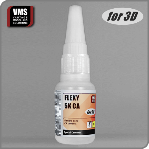 Flexy 5K CA for 3D Printed Parts: "VMS Flexy 5K CA for 3D Printed Parts – Optimized adhesive for thermoplastic 3D printed materials."