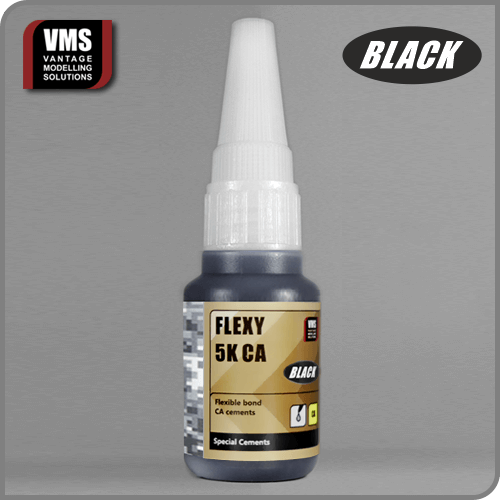 Flexy 5K CA Black: "VMS Flexy 5K CA Black – Black-tinted flexible adhesive for enhanced application control.