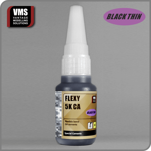 Flexy 5K CA Black Thin: "VMS Flexy 5K CA Black Thin – Low viscosity black adhesive for precise applications.