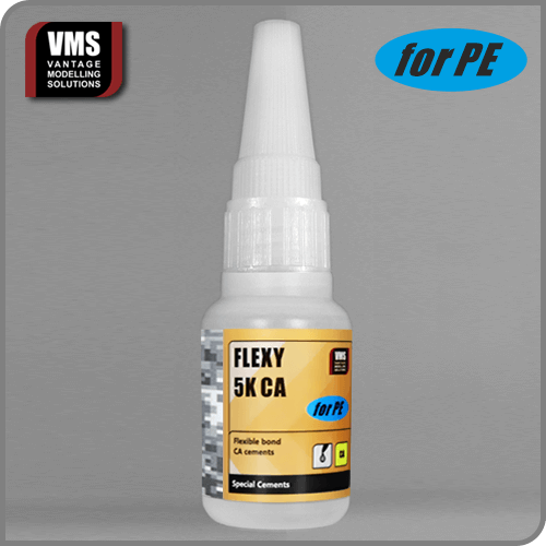 "VMS Flexy 5K CA for Photo-Etch – Flexible CA adhesive designed for precision bonding of brass and steel photo-etched parts.