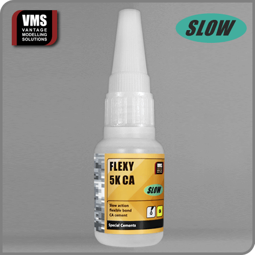 VMS Flexy 5K CA PE Slow 20 g – extended-open-time flexible cyanoacrylate adhesive ideal for photo-etched and metal/plastic model detailing.