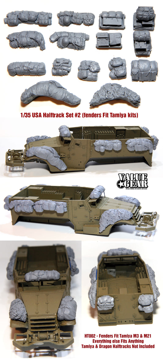 “Value Gear HT002 USA Halftrack Set #2 – resin stowage for 1/35 scale WWII US M3 and M21 Halftracks.”