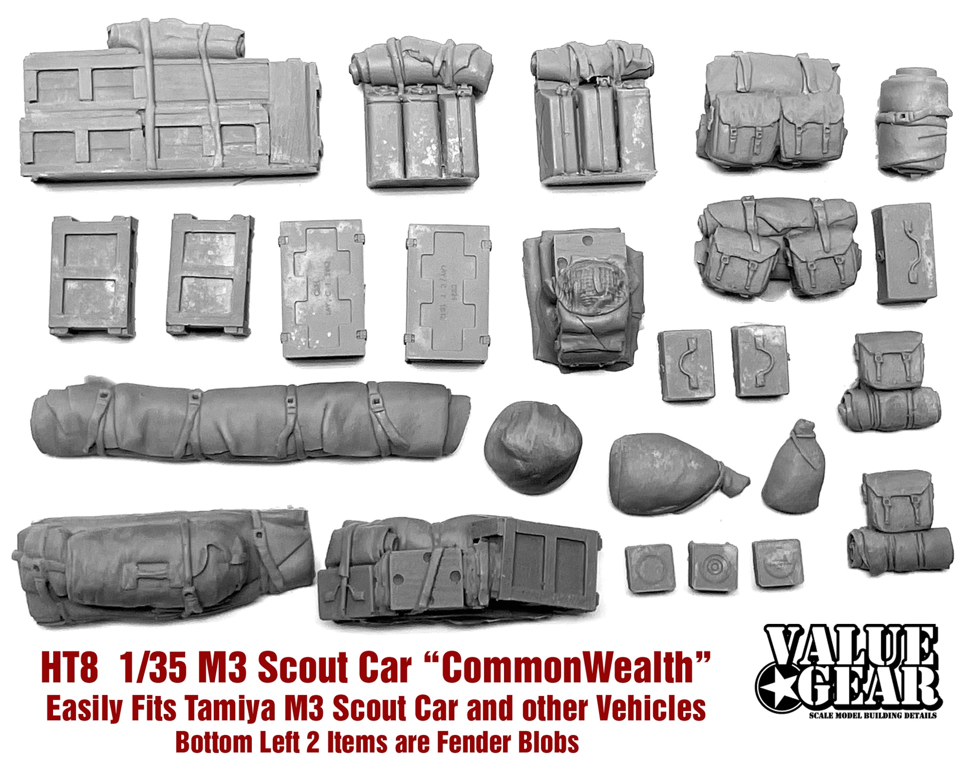 “Value Gear HT008 Commonwealth M3 Scout Car resin set – stowage for 1/35 scale Tamiya Scout Car.”