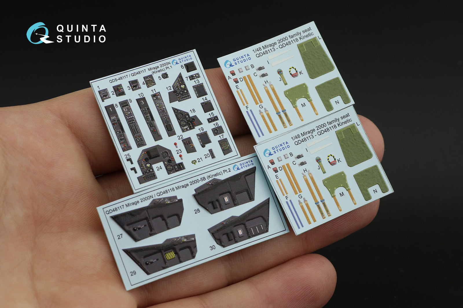 Quinta Studios 1/48 Mirage 2000N 3D-printed interior decal set for Kinetic models, featuring pre-colored, raised-detail cockpit panels and instrument dials for enhanced realism