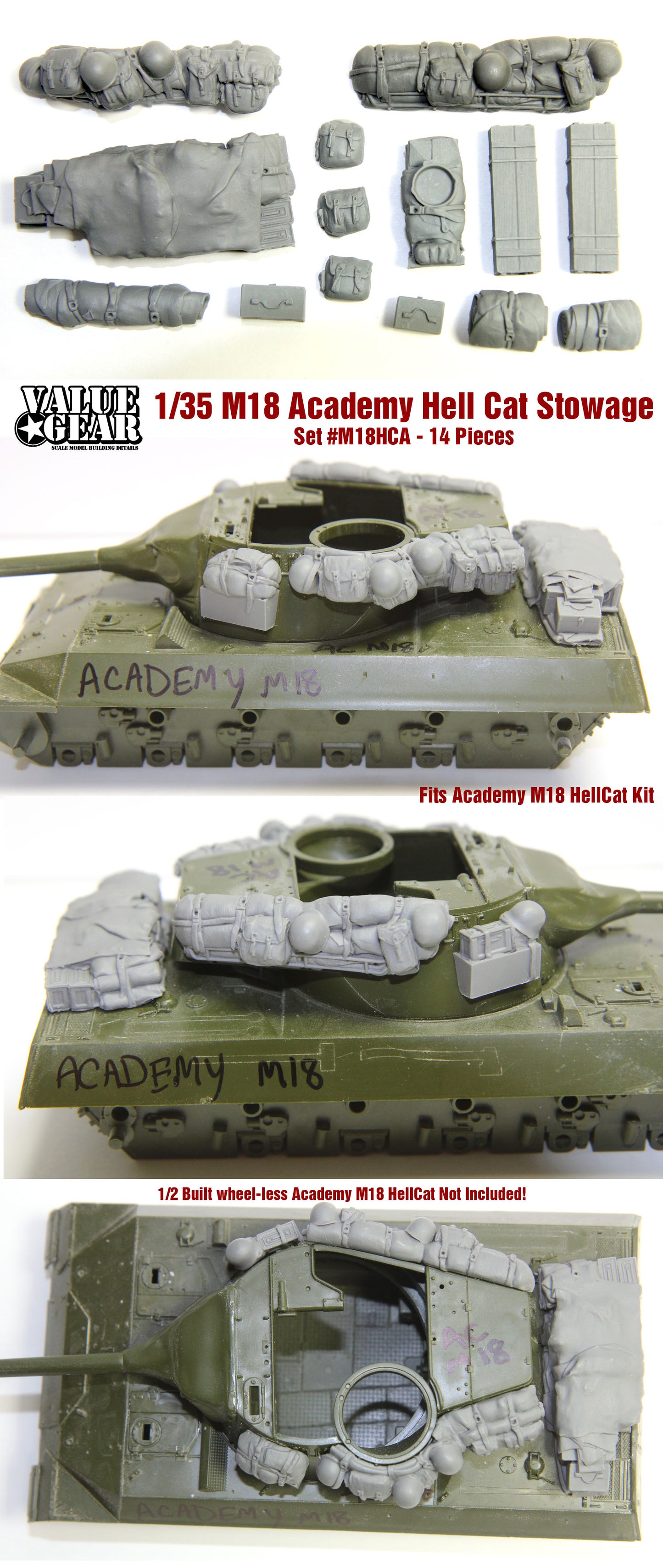 “Value Gear M18HCA Stowage Set – resin accessories for 1/35 scale Academy M18 Hellcat.”
