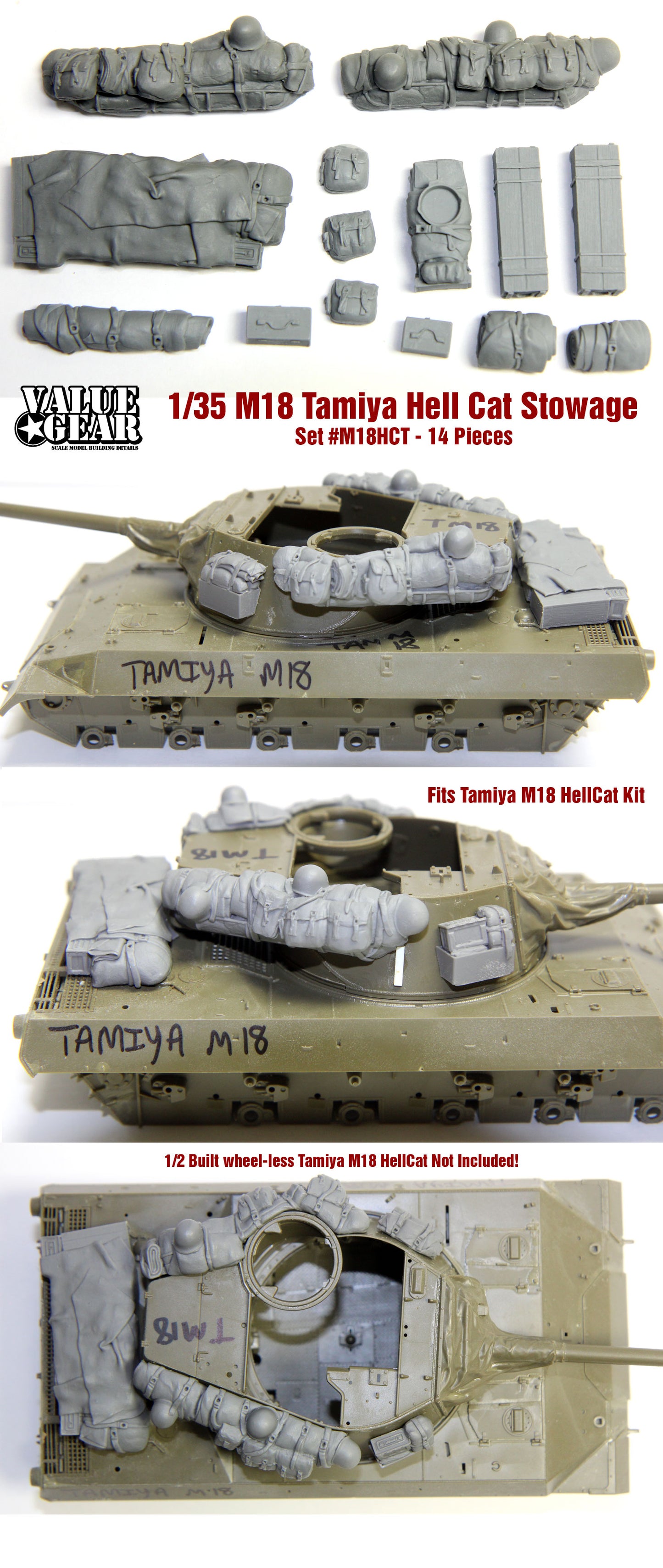 “Value Gear M18HCT Stowage Set – resin accessories for 1/35 scale Tamiya M18 Hellcat.”