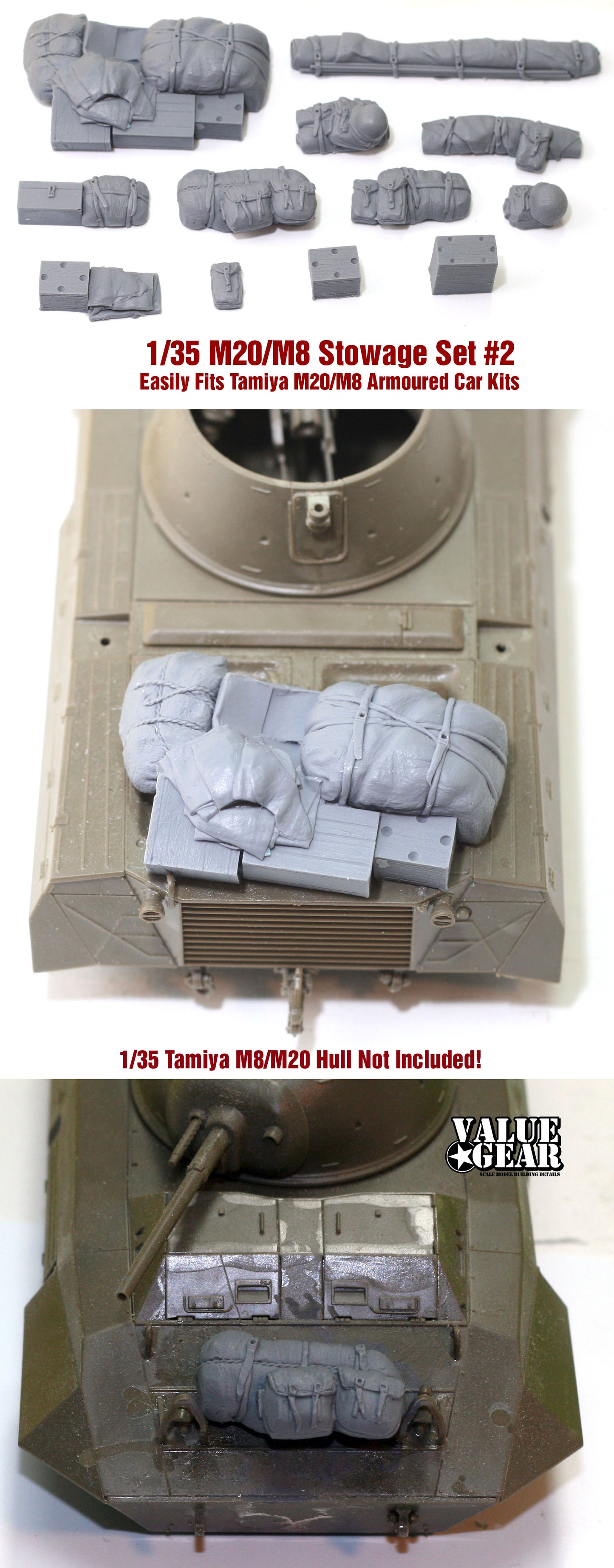 “Value Gear M8/20-2 Armoured Car resin stowage set – 12 pieces for 1/35 scale M20 and M8 vehicles.”