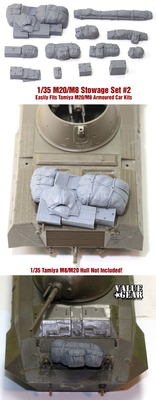 “Value Gear M8/20-2 Armoured Car resin stowage set – 12 pieces for 1/35 scale M20 and M8 vehicles.”