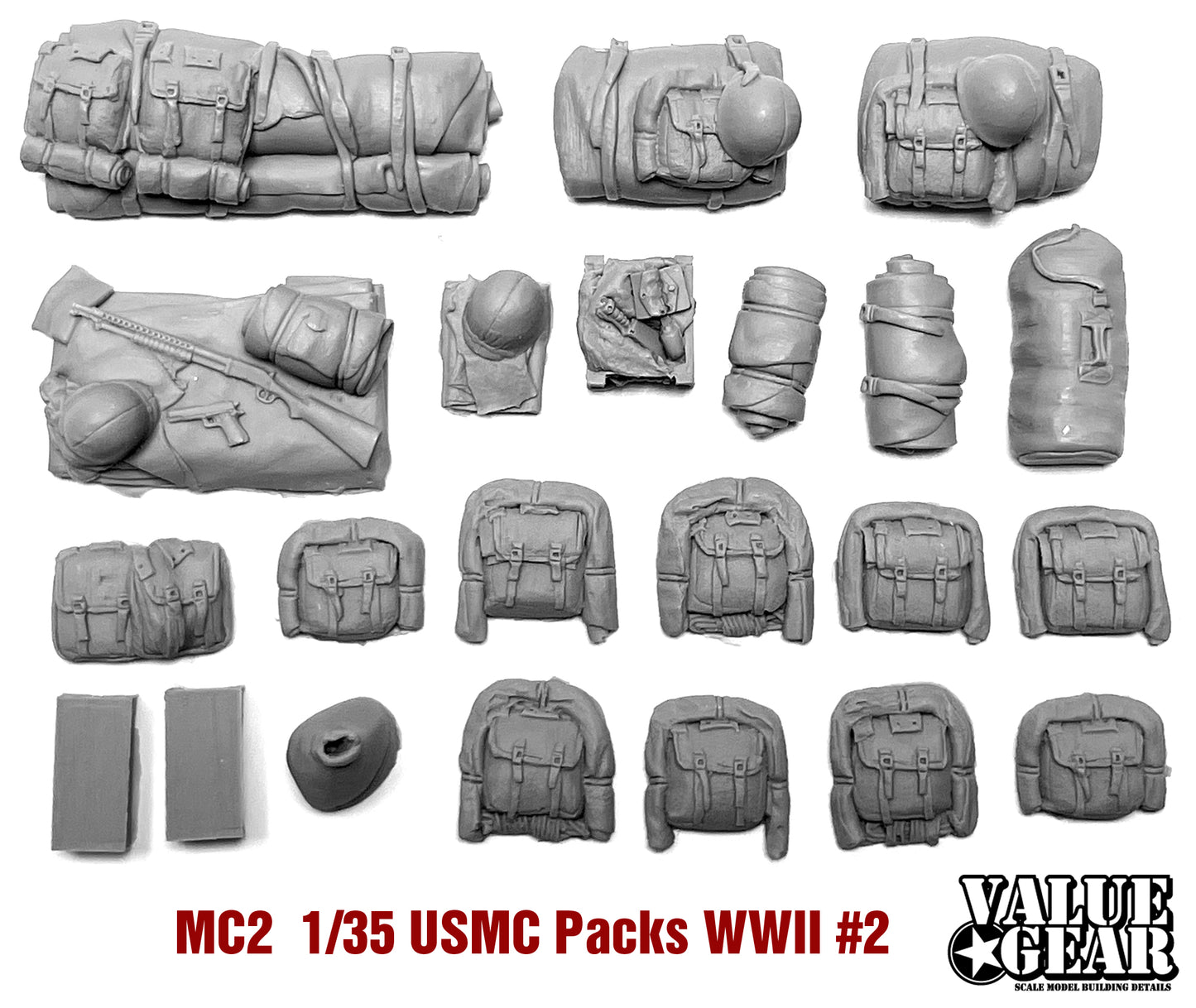 “Value Gear MC2 USMC WWII Packs & Bags resin set – for 1/35 scale US Marine Corps vehicles and Pacific dioramas.”