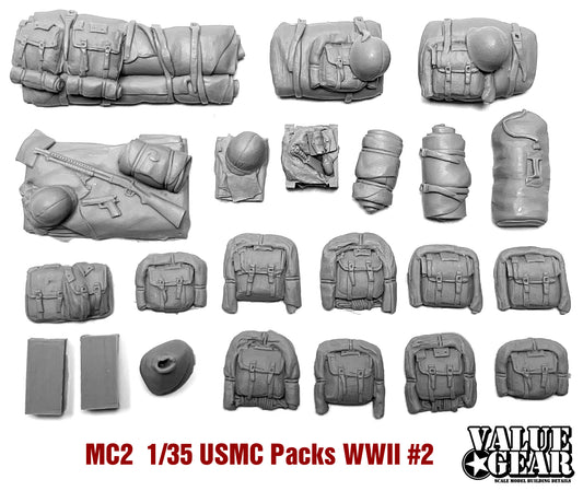 “Value Gear MC2 USMC WWII Packs & Bags resin set – for 1/35 scale US Marine Corps vehicles and Pacific dioramas.”